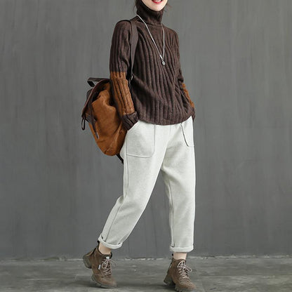 Sleeve Patchwork Casual Turtleneck Winter Sweater