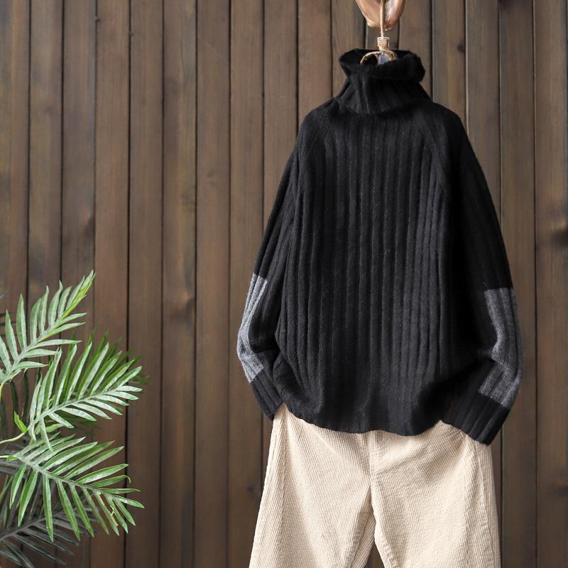 Sleeve Patchwork Casual Turtleneck Winter Sweater
