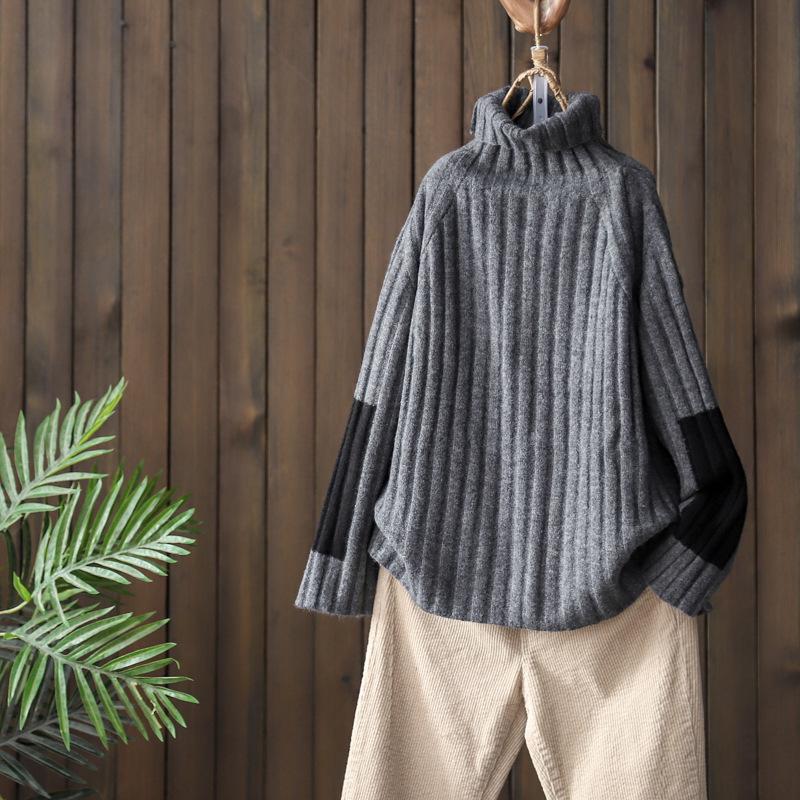 Sleeve Patchwork Casual Turtleneck Winter Sweater