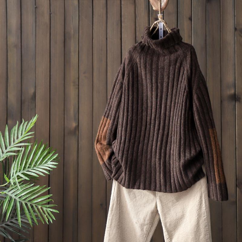 Sleeve Patchwork Casual Turtleneck Winter Sweater