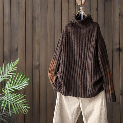 Sleeve Patchwork Casual Turtleneck Winter Sweater