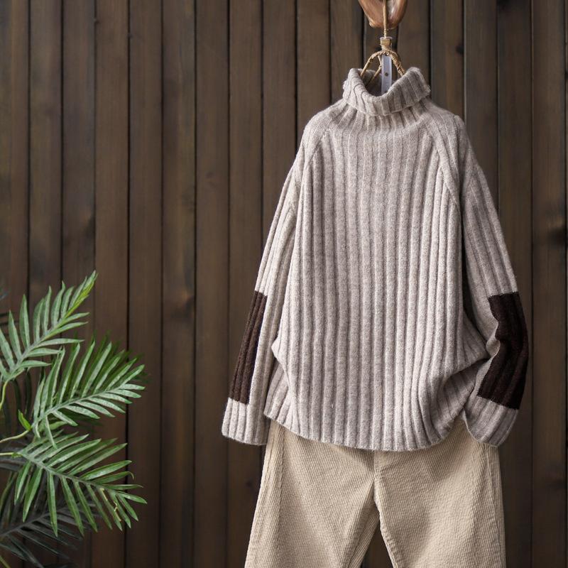 Sleeve Patchwork Casual Turtleneck Winter Sweater