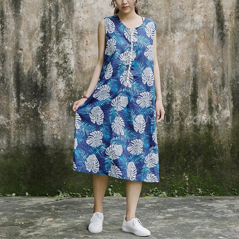 Sleeveless Round Neck Leaves Pattern Navy Blue Dress