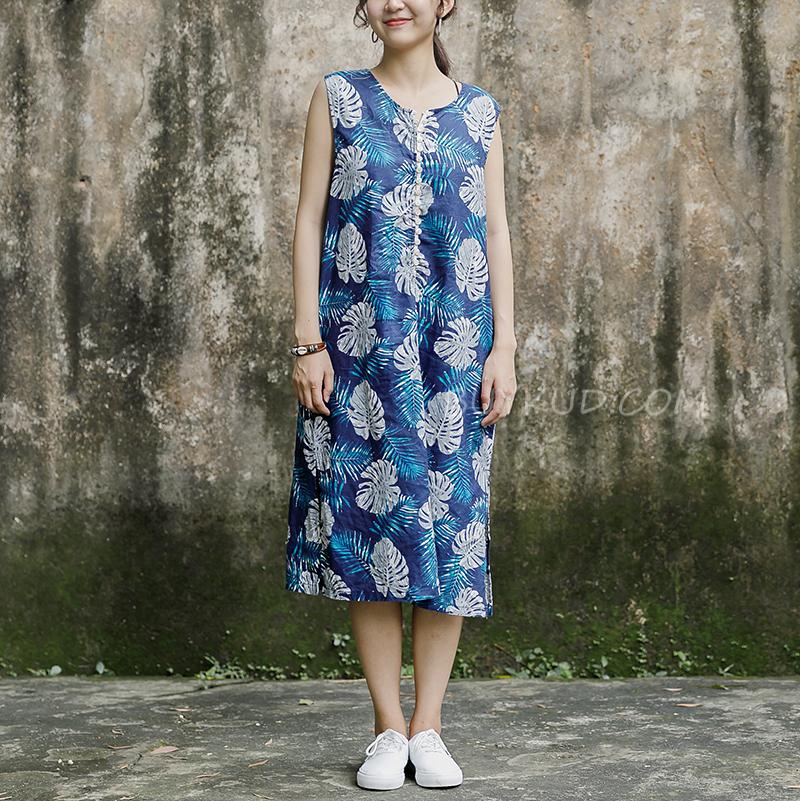 Sleeveless Round Neck Leaves Pattern Navy Blue Dress