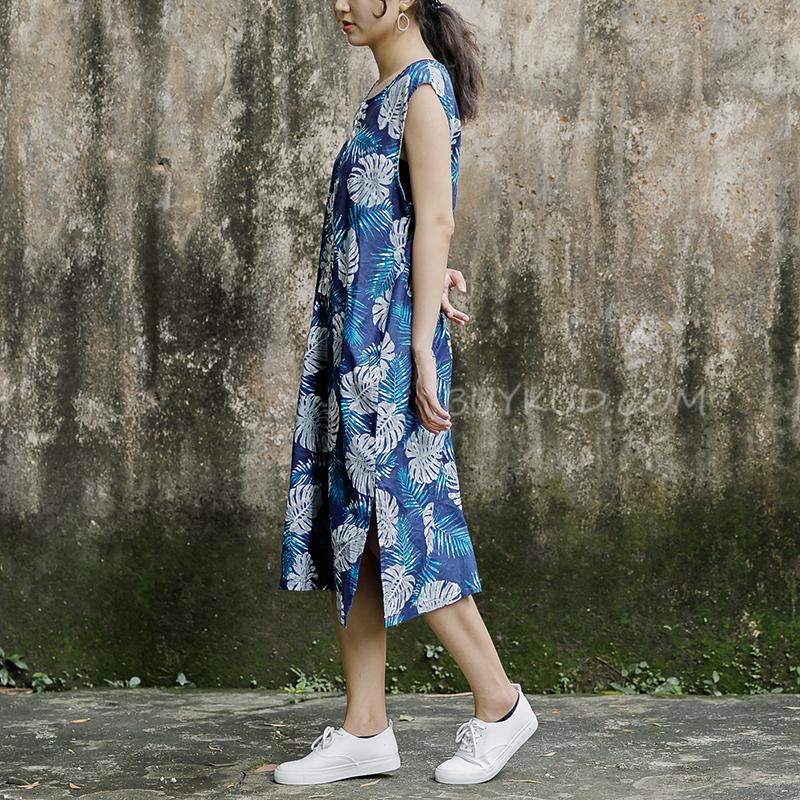 Sleeveless Round Neck Leaves Pattern Navy Blue Dress