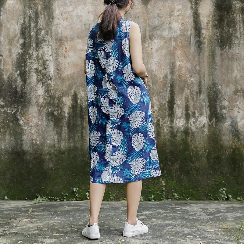 Sleeveless Round Neck Leaves Pattern Navy Blue Dress