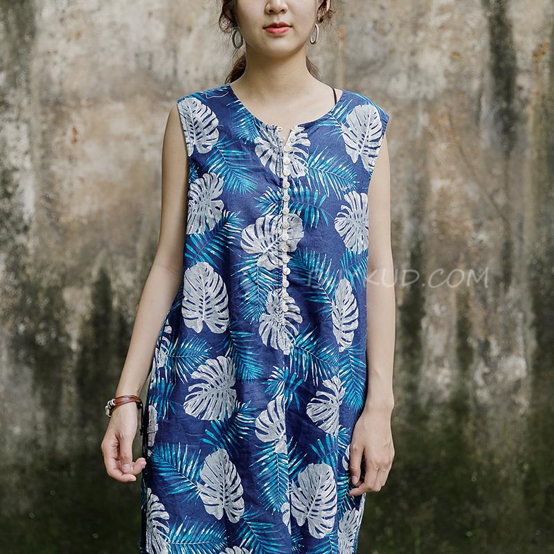 Sleeveless Round Neck Leaves Pattern Navy Blue Dress