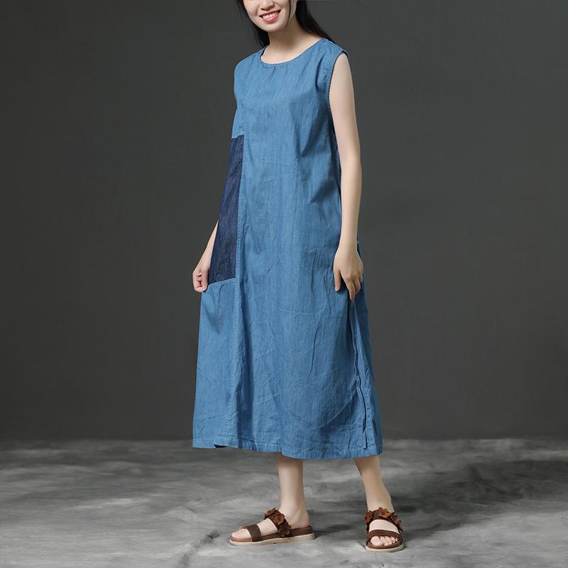 Sleeveless Summer Blue Commuter Cotton Dress