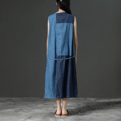 Sleeveless Summer Blue Commuter Cotton Dress