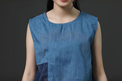 Sleeveless Summer Blue Commuter Cotton Dress