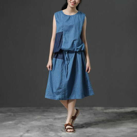 Sleeveless Summer Blue Commuter Cotton Dress