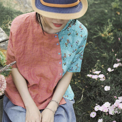 Small Plaid Spliced Floral Printed Loose T-Shirt