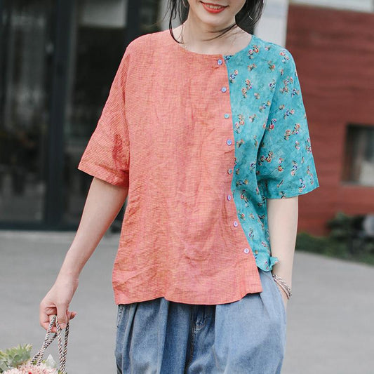 Small Plaid Spliced Floral Printed Loose T-Shirt