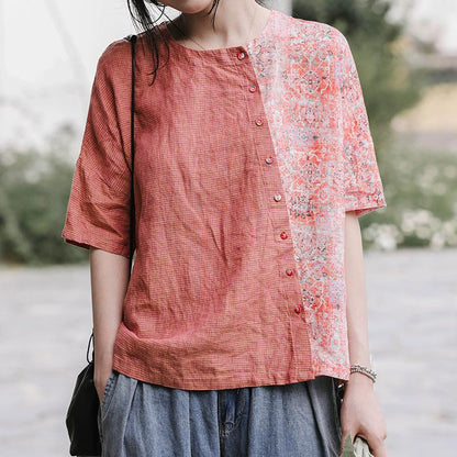 Small Plaid Spliced Floral Printed Loose T-Shirt