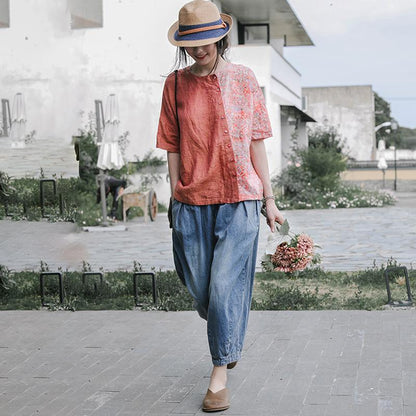 Small Plaid Spliced Floral Printed Loose T-Shirt