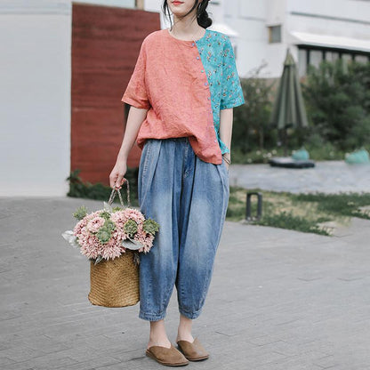 Small Plaid Spliced Floral Printed Loose T-Shirt