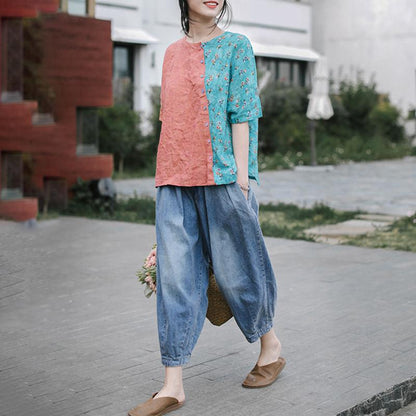 Small Plaid Spliced Floral Printed Loose T-Shirt