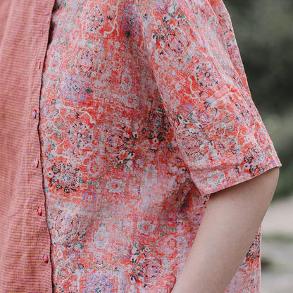 Small Plaid Spliced Floral Printed Loose T-Shirt