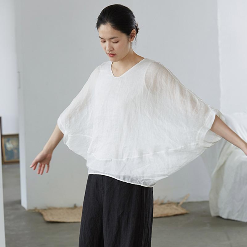 Soft Batwing Sleeve Gauzy Ramie T-Shirt