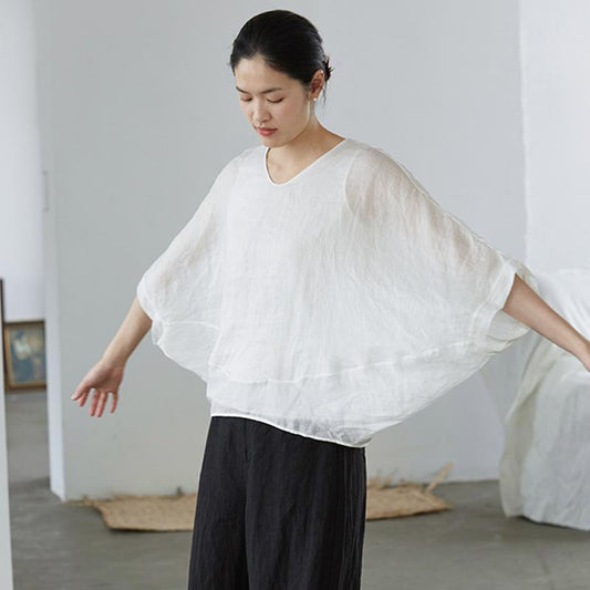 Soft Batwing Sleeve Gauzy Ramie T-Shirt
