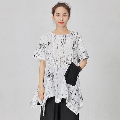 Soft Spliced Pleated Irregular Hem Loose T-Shirt