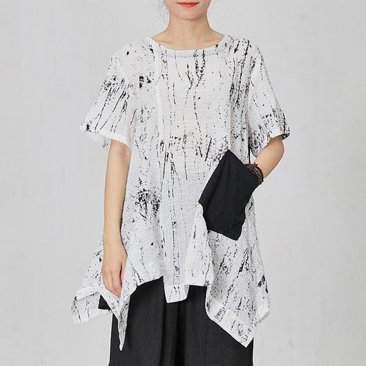 Soft Spliced Pleated Irregular Hem Loose T-Shirt