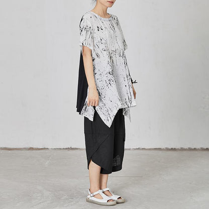 Soft Spliced Pleated Irregular Hem Loose T-Shirt
