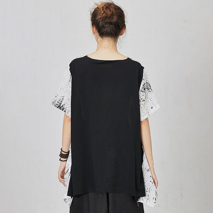 Soft Spliced Pleated Irregular Hem Loose T-Shirt