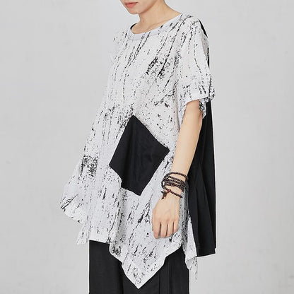 Soft Spliced Pleated Irregular Hem Loose T-Shirt