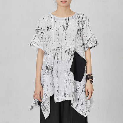 Soft Spliced Pleated Irregular Hem Loose T-Shirt