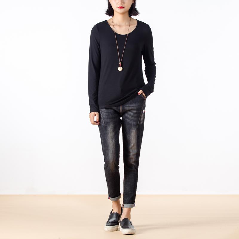 Solid Black Long Sleeve Women Basic T-shirt
