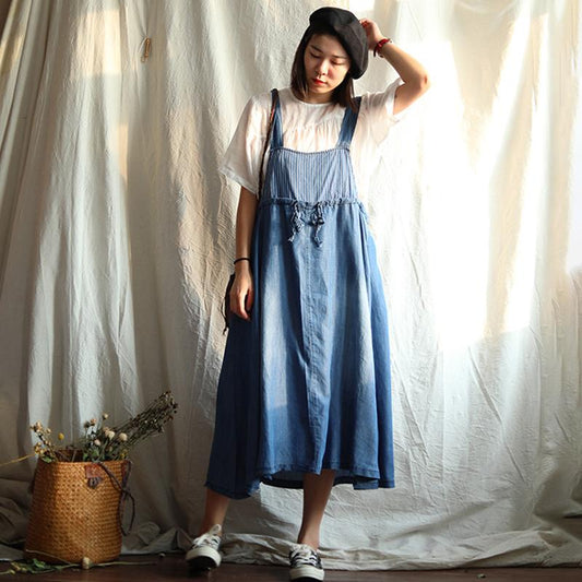 Solid Color Drawstring Denim Suspender Dress