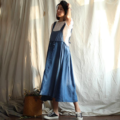 Solid Color Drawstring Denim Suspender Dress