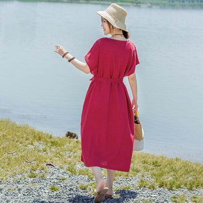 Solid Color Elegant Loose Dress With Belt
