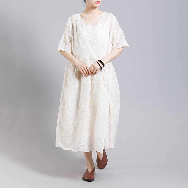 Solid Color Embroidery Casual Dress With Lining