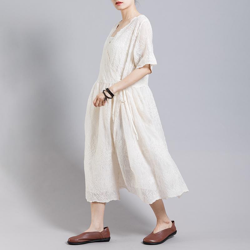 Solid Color Embroidery Casual Dress With Lining