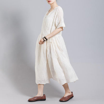 Solid Color Embroidery Casual Dress With Lining