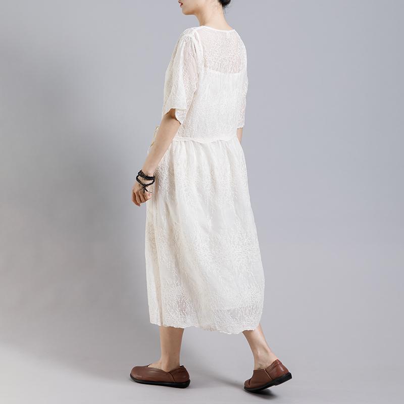 Solid Color Embroidery Casual Dress With Lining