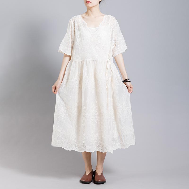 Solid Color Embroidery Casual Dress With Lining