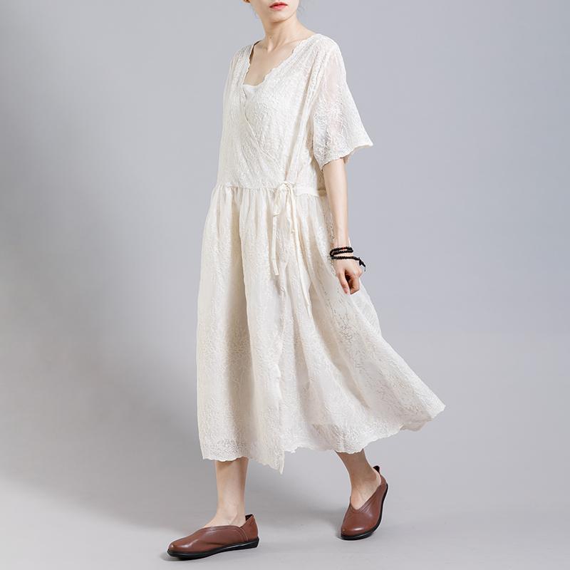 Solid Color Embroidery Casual Dress With Lining