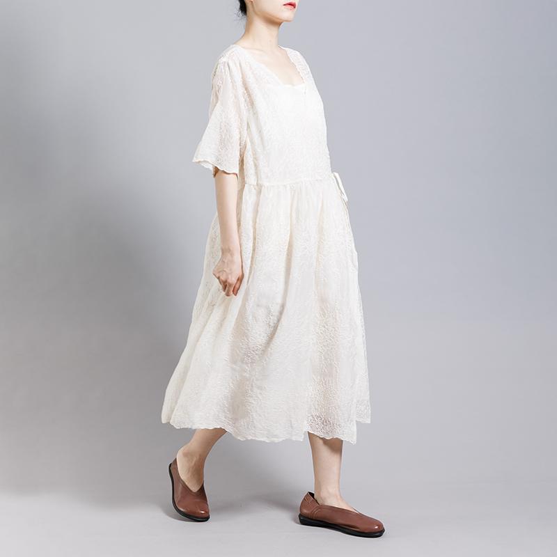 Solid Color Embroidery Casual Dress With Lining