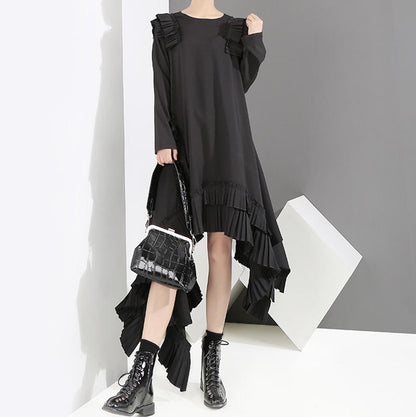Solid Color Irregular Pleated Spliced Loose Dress
