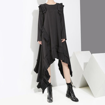 Solid Color Irregular Pleated Spliced Loose Dress