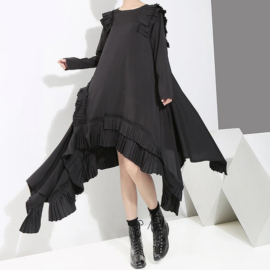 Solid Color Irregular Pleated Spliced Loose Dress