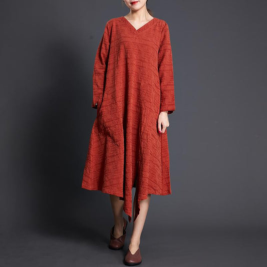 Solid Color Long Sleeve Cotton Linen Dress