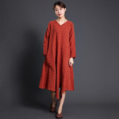 Solid Color Long Sleeve Cotton Linen Dress