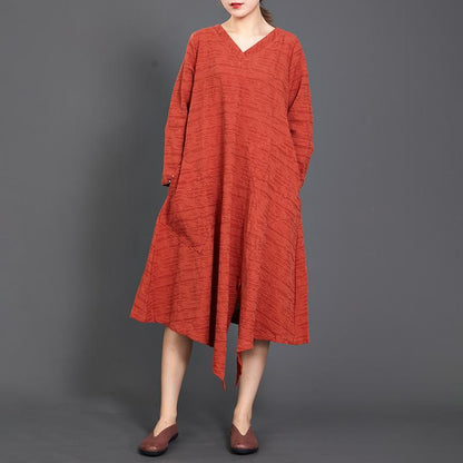 Solid Color Long Sleeve Cotton Linen Dress