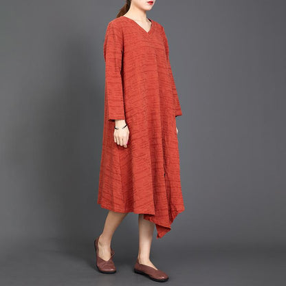 Solid Color Long Sleeve Cotton Linen Dress