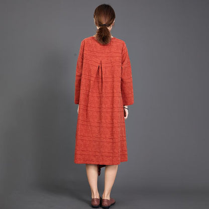 Solid Color Long Sleeve Cotton Linen Dress