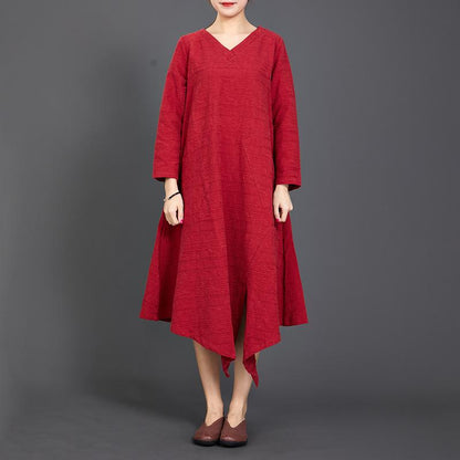 Solid Color Long Sleeve Cotton Linen Dress